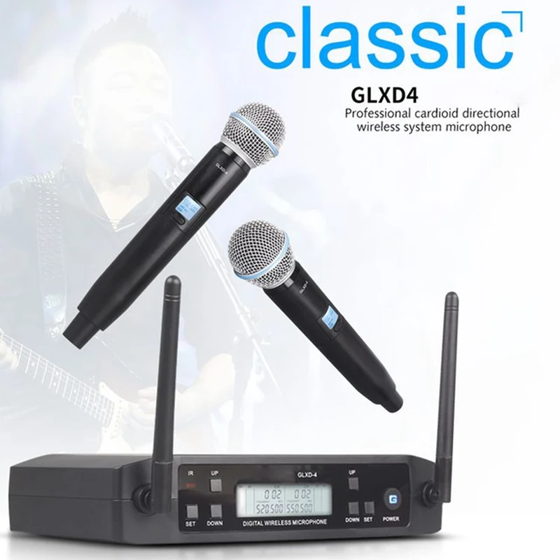 GLXD4 Wireless Microphone 2 Channels UHF Professional Handheld Mic For Stage Party Karaoke Church Meeting