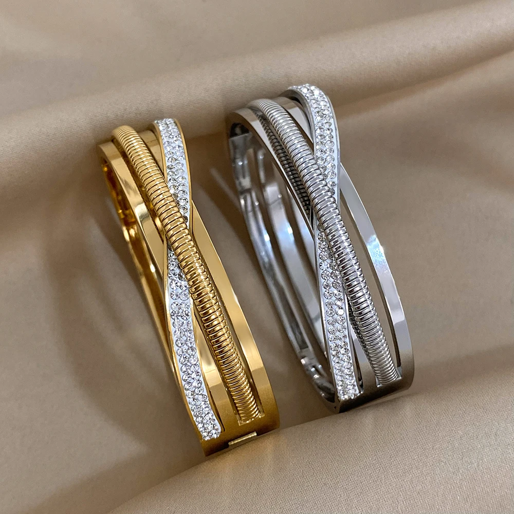 

New Fashion Rhinestone Stainless Steel Chunky Bangle Bracelet for Women Luxury Multilayer Cross Spring Bangle Wide Cuff Bracelet