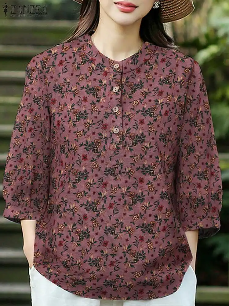 ZANZEA Fashion Floral Printed Blouse Summer 3/4 Sleeve O Neck Shirt Female Elegant Loose Tunic Tops Bohemian Holiday  Chemise