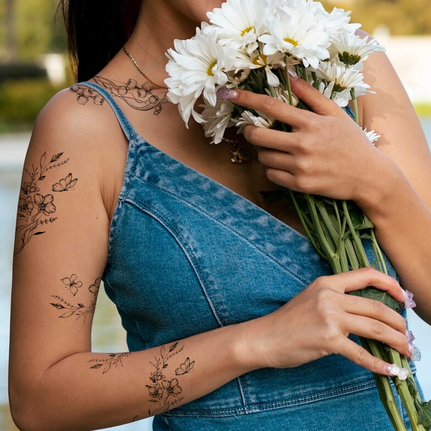 Temporary Tattoos For Women-10 Sheets Branch Flower Leaf Wild Plants Sketch Realistic Long-lasting Tattoo Waterproof