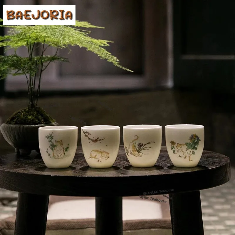 100-ミリリットル白磁釉内装飾猫ティーカップ禅茶ボウル水差し茶試飲用パーソナルカップ茶禅マスターカップ茶用