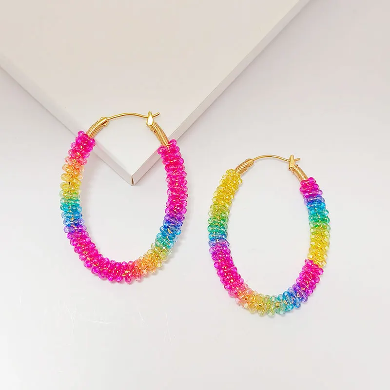 Beaded earrings Circle Rainbow Hand knitting Crystal Gradient color Entangle Bohemia Alloy Tide Simple Female Rice bead earrings