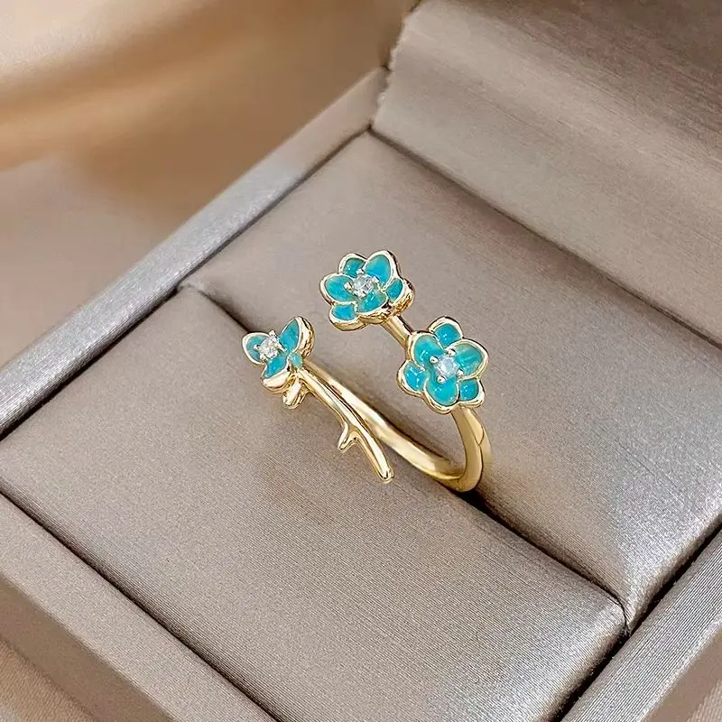Elegant Blue Flower Adjustable Open Ring for Women Vintage Golden Copper Irregular Finger Ring New Trendy Jewelry Accessories