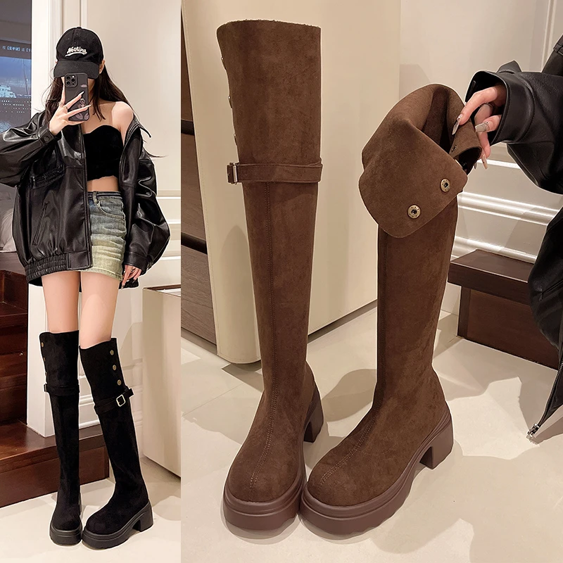 

Осенняя мода 202, замшевая одежда, женские сапоги до колена на толстом каблуке, Нескользящие уличные женские сапоги в стиле ретро в стиле рыцаря