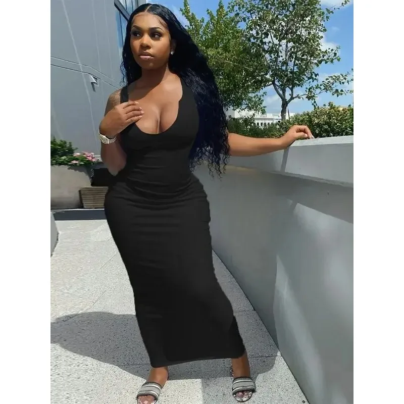 فستان نسائي مضلع محبوك مخطط بدون أكمام فستان ميدي برقبة على شكل V مثير ملابس خروج للحفلات والنوادي صيفي أنيق