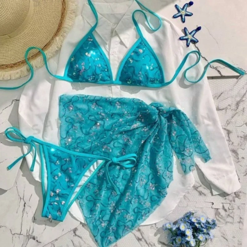 

Сексуальный бразильский купальник с пайетками, 3 предмета: бикини с боковыми завязками, юбка-парео и боди. Пляжная одежда.