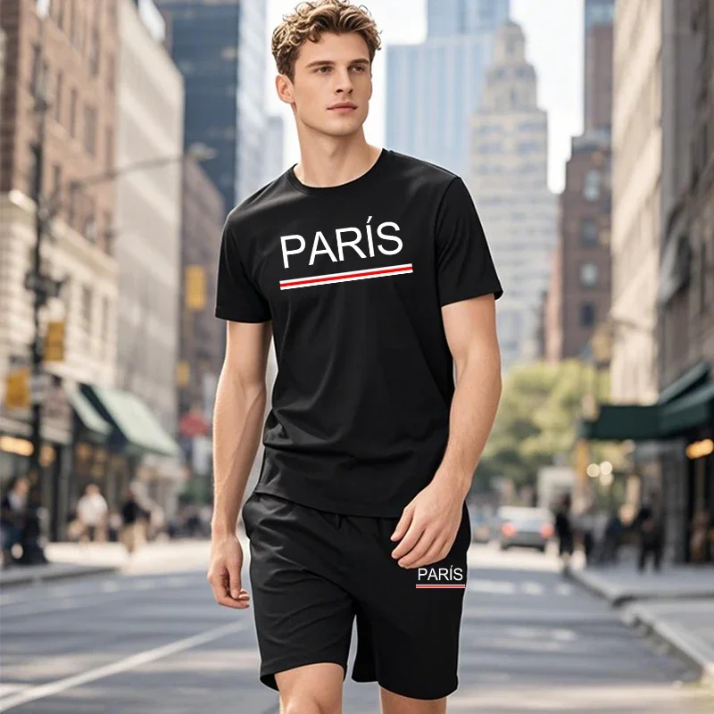 

Paris Fashion Shorts Outfit for Men Summer Daily Casual Sports Jogging Suit O-neck T-shirt and Walking Shorts 2025 Men's Clothes