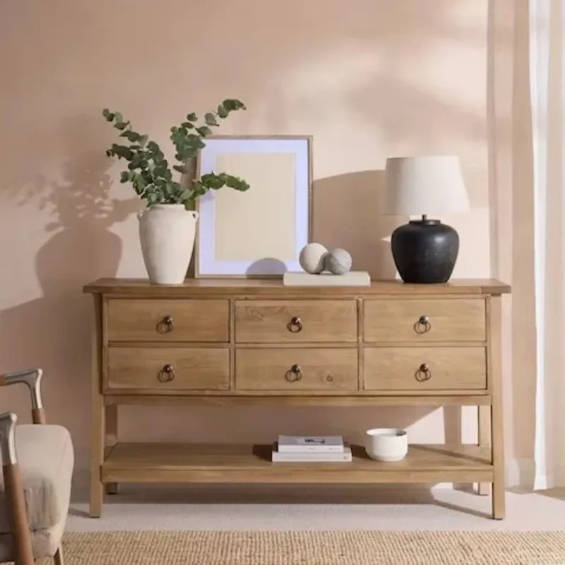 Natural Finish Holz Side Board Für Wohnzimmer 6-Schubladen Buffet Schrank Mit Regal 6-Schubladen Buffet Schrank Mit Regal Darunt