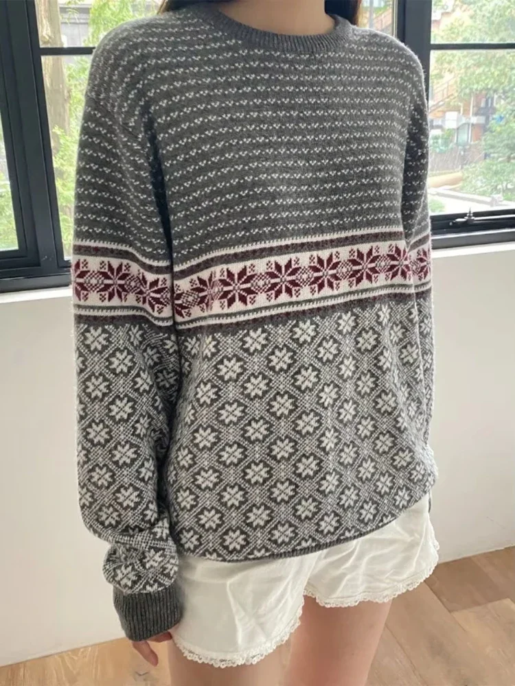 Vintage-Schneeflockenstrick für Damen, 2024, Herbst, vielseitiger dünner Pullover für Damen, Jacquard-Pullover mit Rundhalsausschnitt für Damen