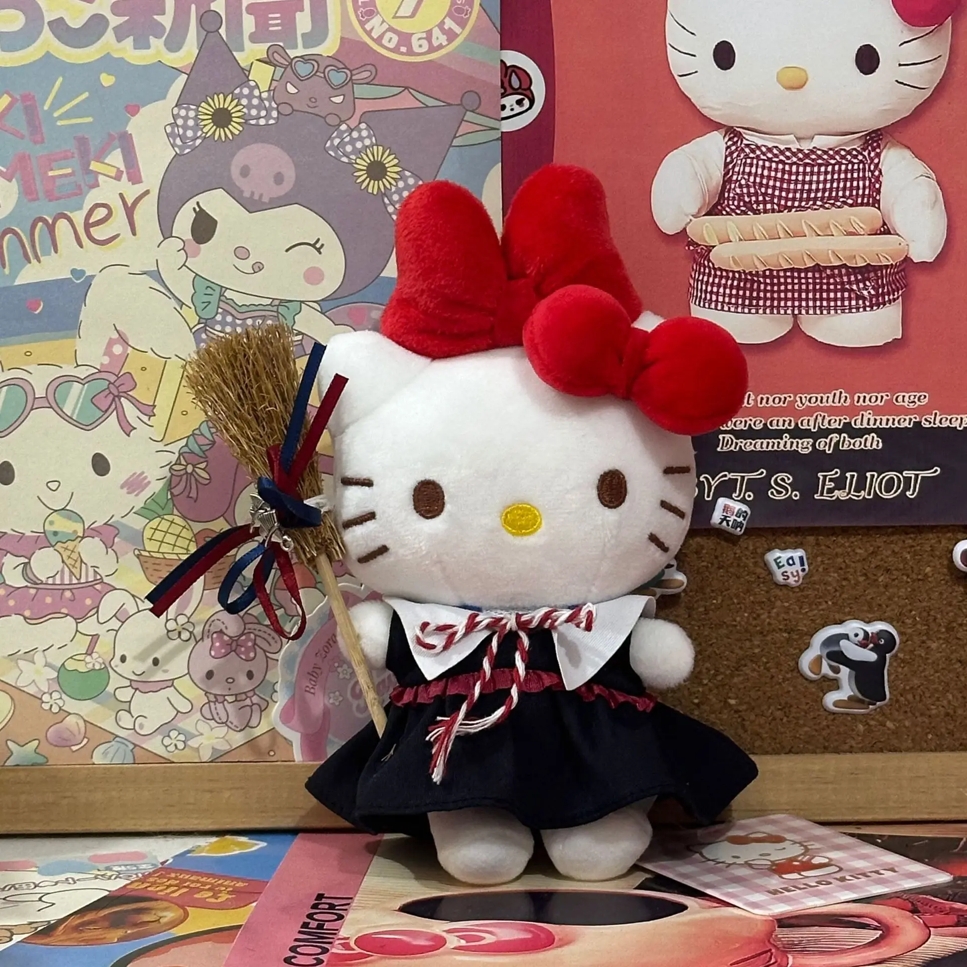 Hello Kittys Takes Broom Kawaii Plush Doll Girl Bag Pendant Cute Cartoon Bow Toy Keychain Decorate Childrens Gift