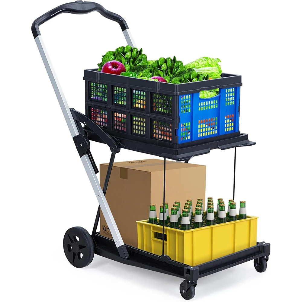 

Customizable Collapsible Shopping Cart, Foldable Grocery Cart with Wheels and Removable Storage Crate, 2-Tier Portable Utility