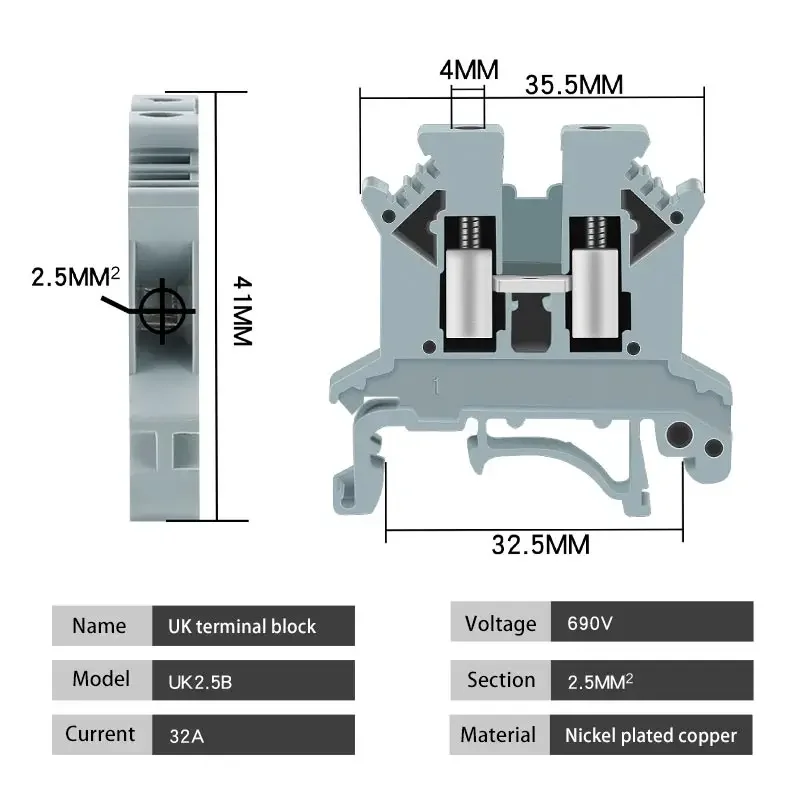 10/100pcs DIN Rail UK2.5B Terminal Block Clamp Connector 7 Colors 800V 32A UK-2.5N 2.5mm Square Universal Screw Connectors