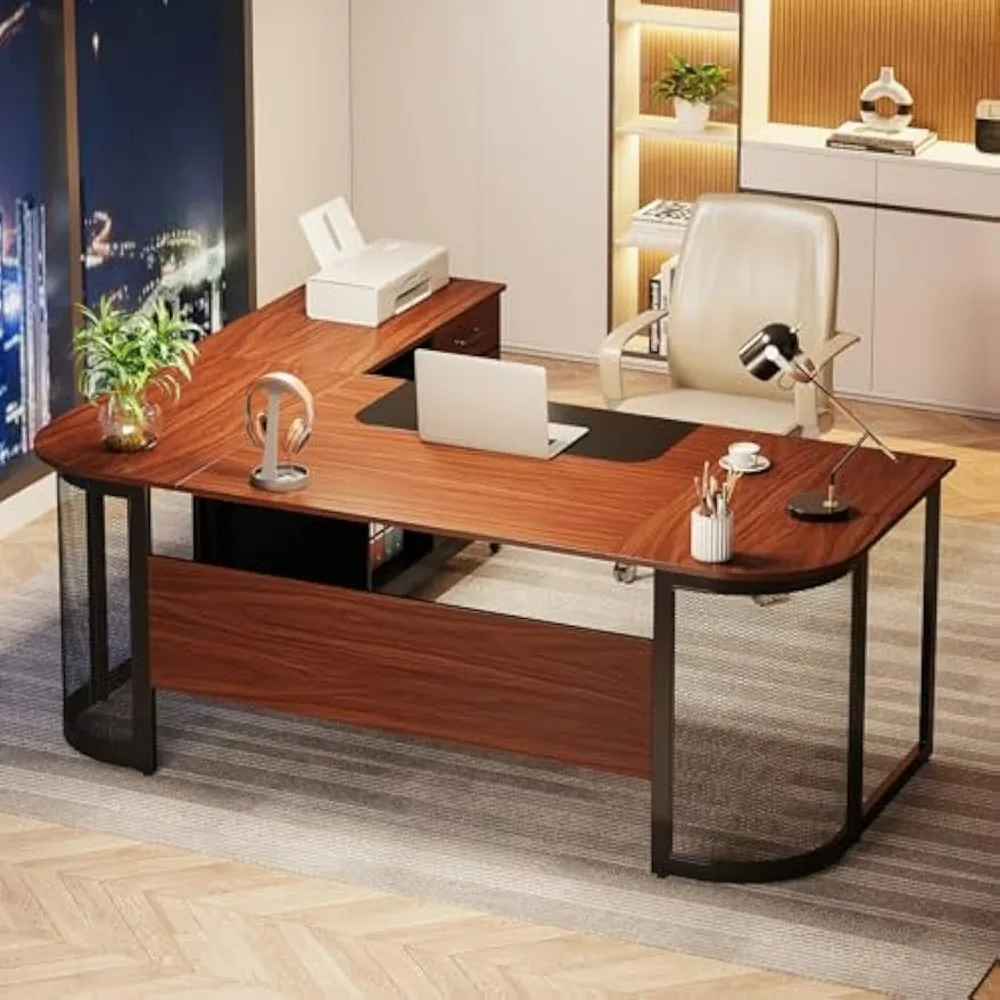 

63" Executive Desk with 31" File Cabinet, Drawer and Storage Shelves, Large Computer Desk Workstation Business Furniture Sets