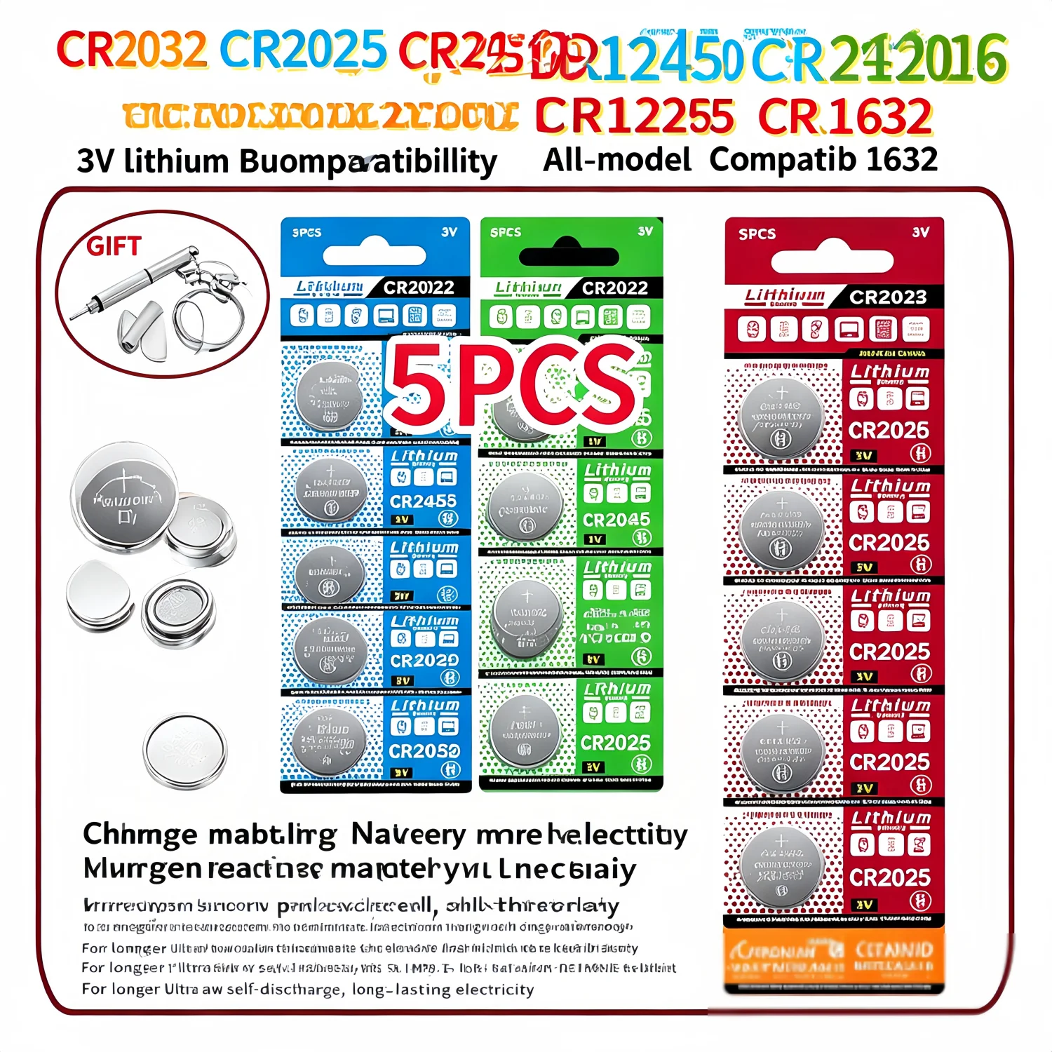 

5PCS CR2032 3V Lithium Button Batteries CR2025 CR2450 CR2016 CR1632 CR1225 CR1220 For Watches Toys Remote Control Calculator