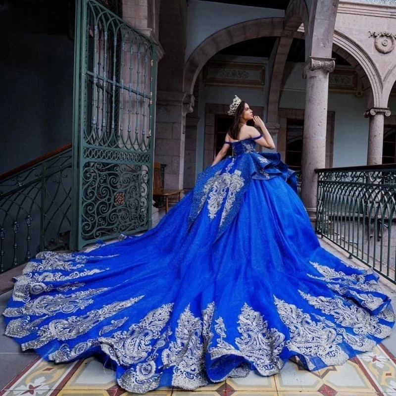 Vestido De baile De quinceañera con volantes, traje azul real De cristal, hombros descubiertos, apliques De encaje, corsé, 15 Años