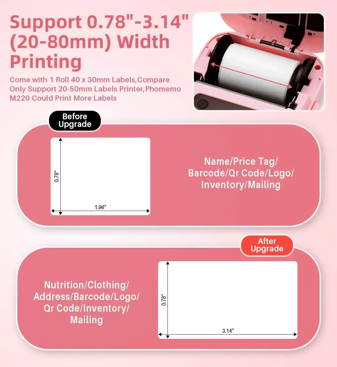 Phomemo-Imprimante thermique sans fil pour reçus, mini imprimante BT, imprimante d'étiquettes, connexion mobile, détection de code à barres, M220, 80mm