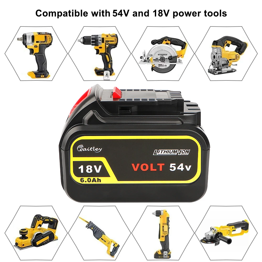 Waitley akumulator 6.0Ah 18V 54V 6000mAh baterie litowe kompatybilne z elektronarzędziem DEWALT 20V/60V