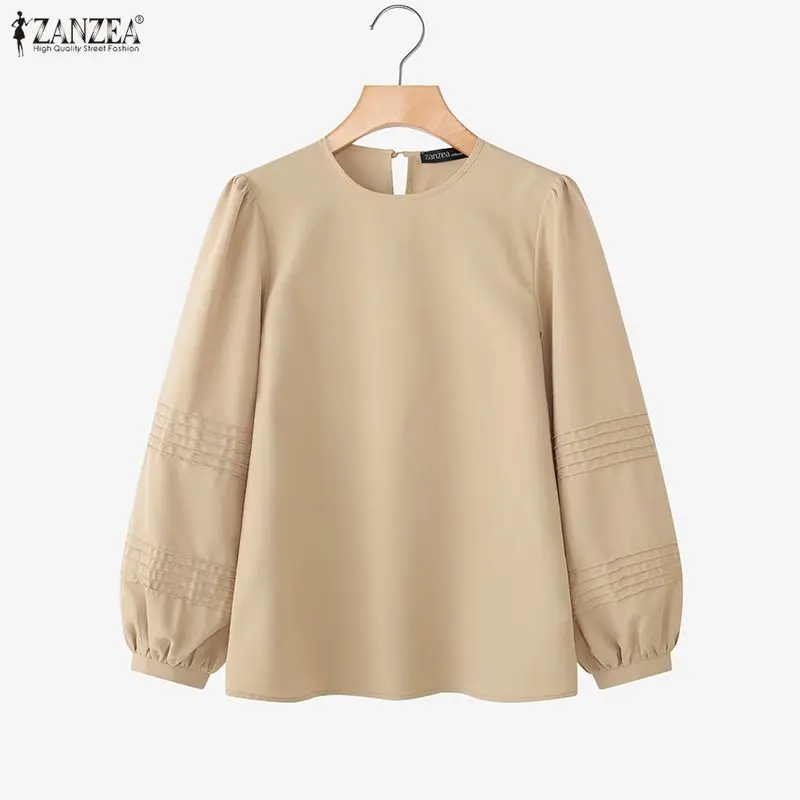 

Модные женские блузки ZANZEA: летние и весенние топы с длинным рукавом-фонариком, круглым вырезом, однотонные, для уличного стиля и офиса, свободного кроя