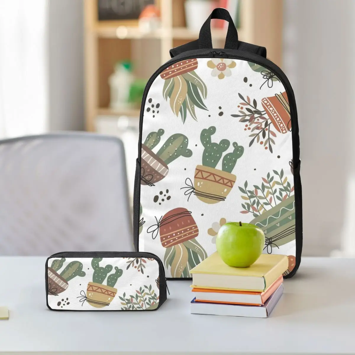 Succulent Plant Potted Watercolor Painting Backpack Student BookBag School Bag Shoulder Bags 3ps Insulated Lunch Bag Pencil Case