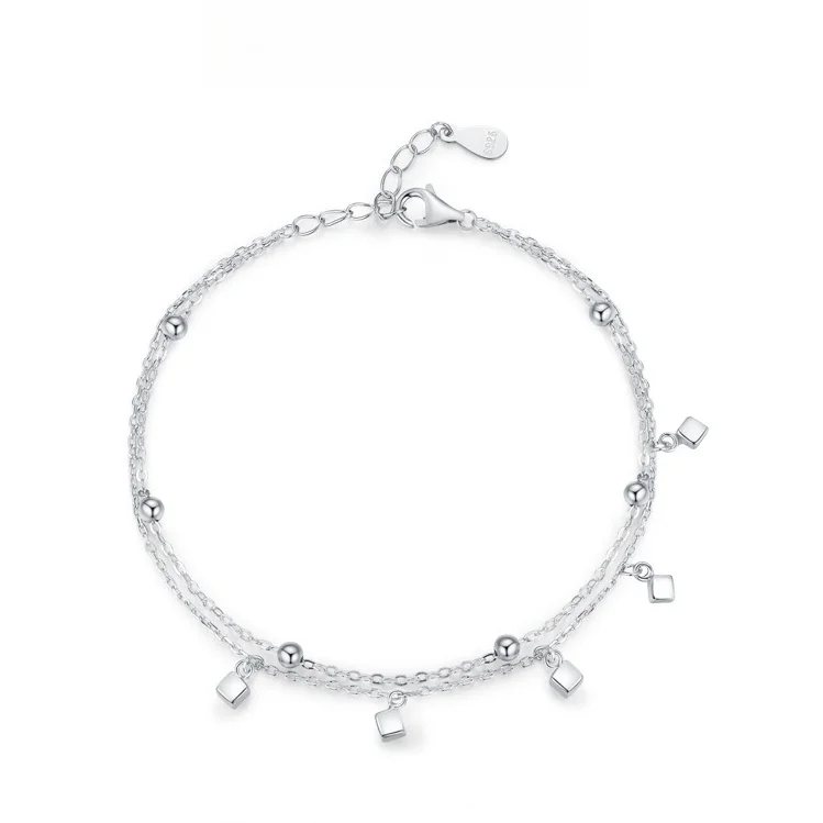 

S925 Sterling Silver Double-Layer Square Bracelet Women Ins Niche Design Adjustable Chain Small Beaded Fine Bracelets Bangles