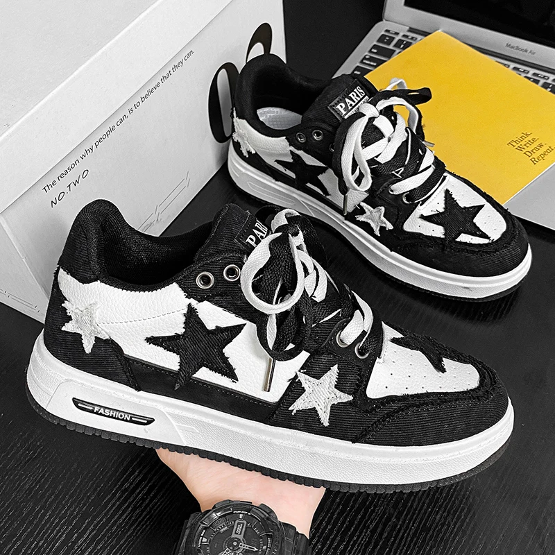Men's Star-Patterned Low-Top Retro Sneakers, Casual Shoes for Students, Distressed Patchwork Design, Suitable for All Seasons