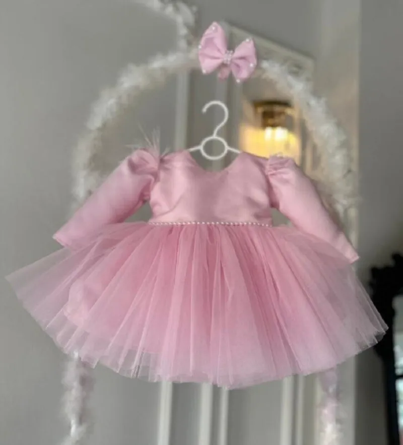 Long Sleeves Flower Girls Dresses Lolita First Birthday Gown Satin Tulle Pearls Princess Party Dress with Bow Kid 1-14T