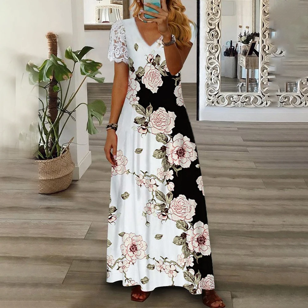 

Flower Print Dress Sophisticated V Neck Lace Short Sleeve Maxi Dress with Flower Print for Women's Summer Wardrobe