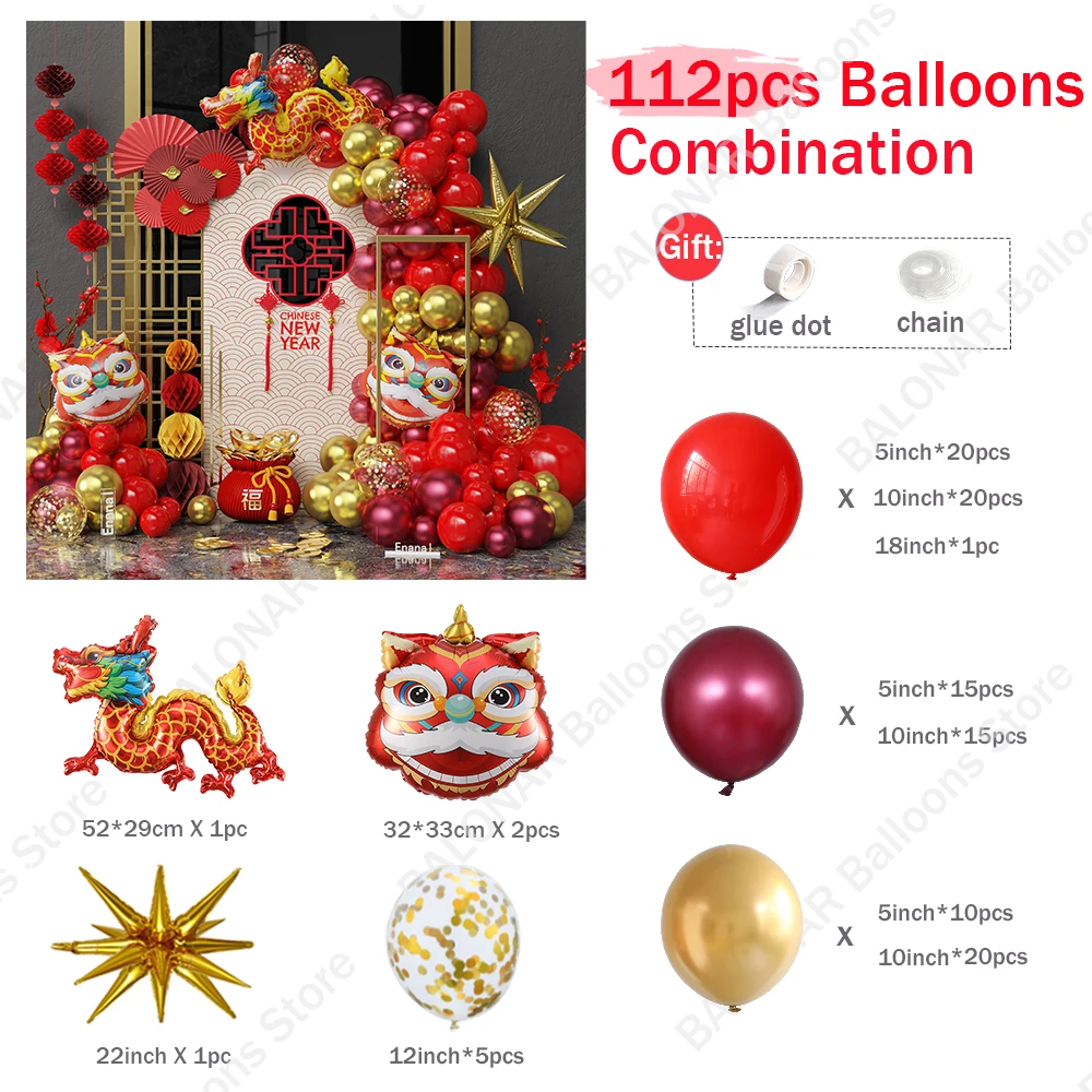 112pcs Chinese New Year 2025 Balloon Garland Arch Red Metallic Golden Latex Balloons for Party Lunar New Year Decoration 2025