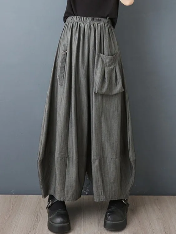 Verão solto calças de perna larga casual nove pontos cintura elástica modelo fino ket design lanterna calças plus size roupas femininas