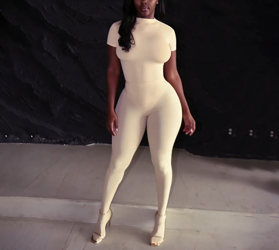 

Women's Set Summer New Fashionable Sexy Round Neck Solid Color Tight Short Sleeve Jumpsuit and High Waist Tight Pants Sock Set