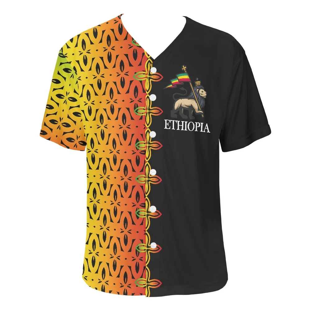 2022 Men's Sportswea New Design Ethiopia Flag Print Black And Gold luxury Shirt V Collar Short Sleeve Breathable Baseball Shirt