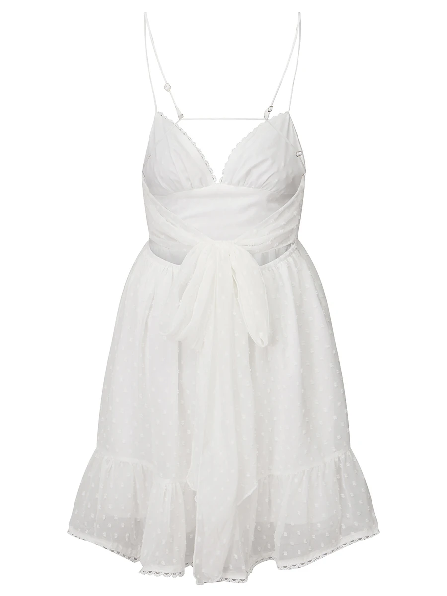 여성 캐미 드레스 스위스 도트 v 넥 스파게티 스트랩 민소매 미니 드레스 a 라인 드레스 여름 타이 업 백 레스 드레스