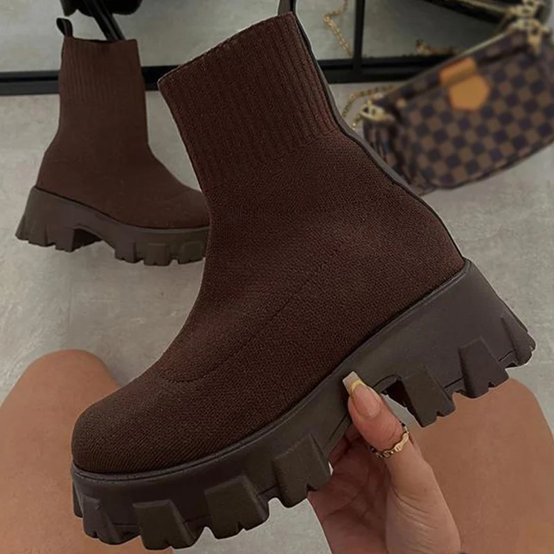 Women Boots Short Knitting Platform Autumn Winter Shoes for Woman Ankle Chelsea Short Boot Heels White Botas Mujer PU Large Size