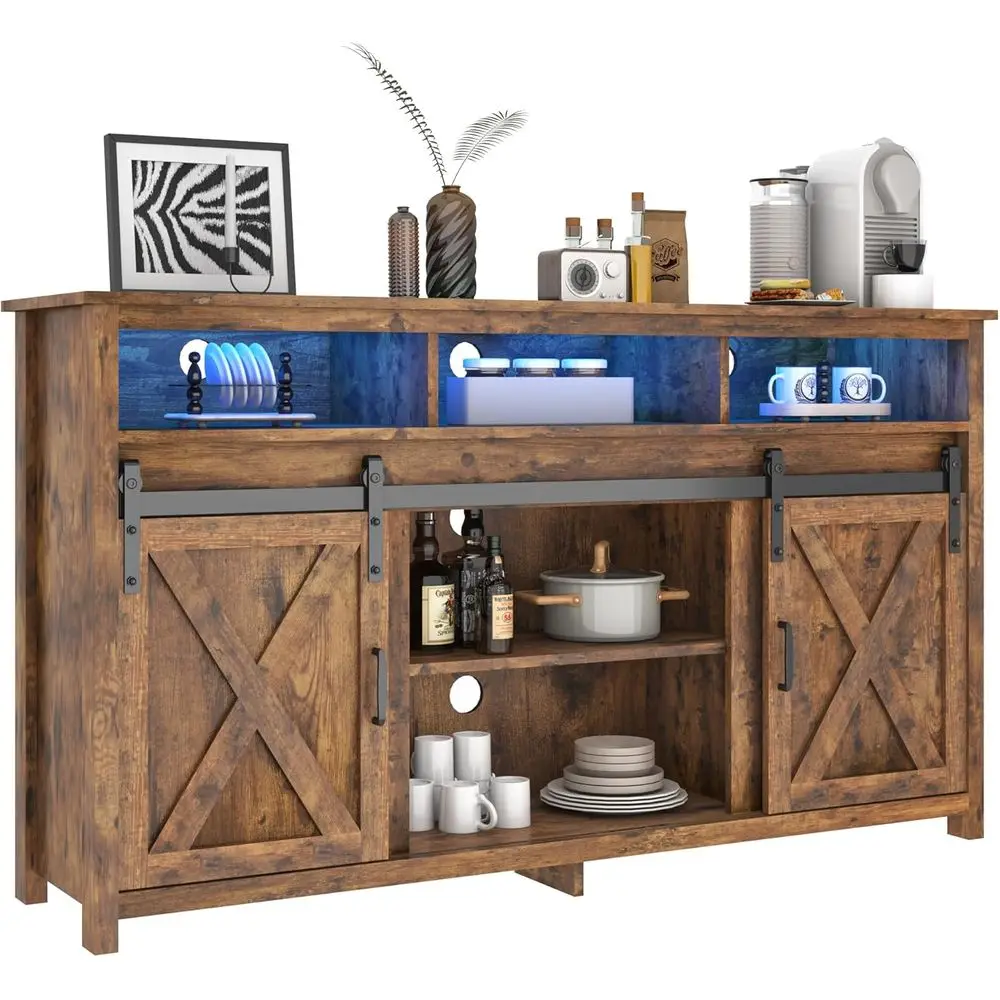 خزانة بوفيه خشبية ريفية مع مخرج طاقة، وخزانة جانبية لتخزين غرفة الطعام باللون البني