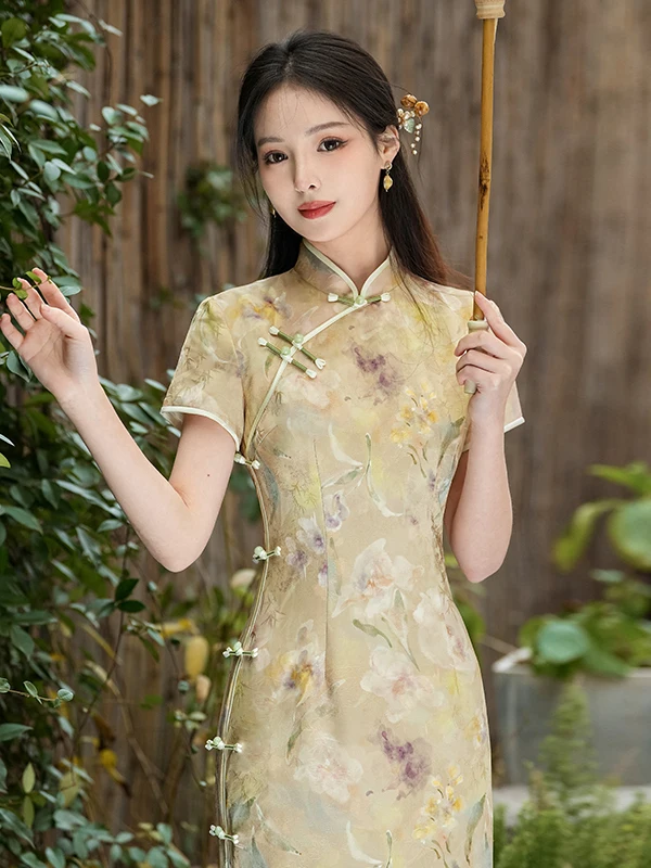 

Stunning New Chinese Sle ort Sve Slit Retro National Sle Mom Improved Daily Wearable Dr Floral Pattern