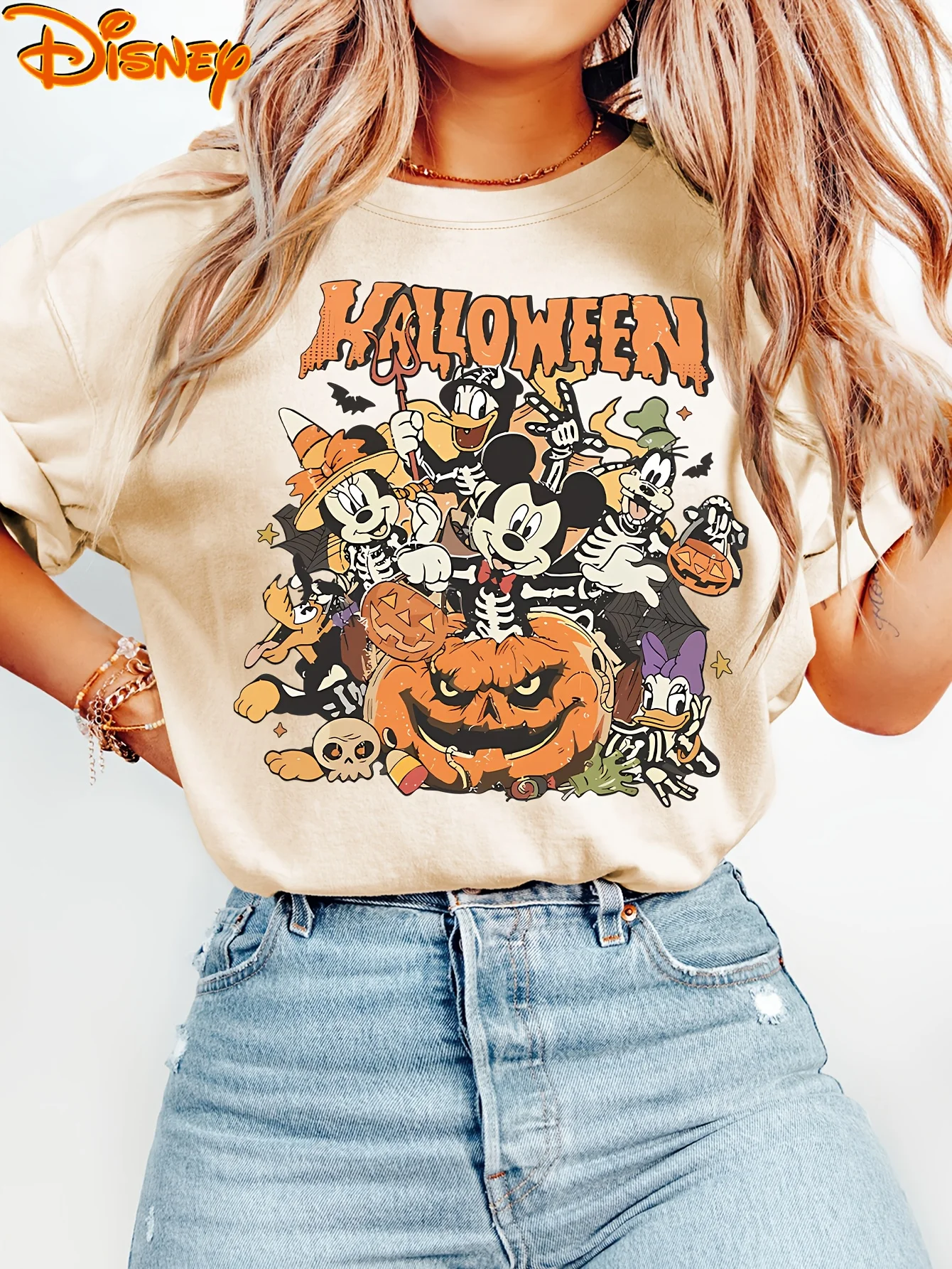 

Women'S Halloween Disney Vintage Mickey Pumpkin Heads Graphic T-Shirt Retro Cartoon Design with Bats Ghosts Spiders Soft Stretch