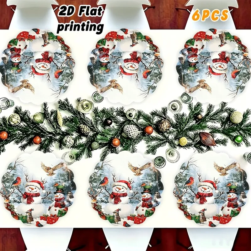 VIKAMA Linen Round Placemats, Snowman Cardinal Bird, Scalloped Edge Stain Resistant Easy Clean, Winter Dining