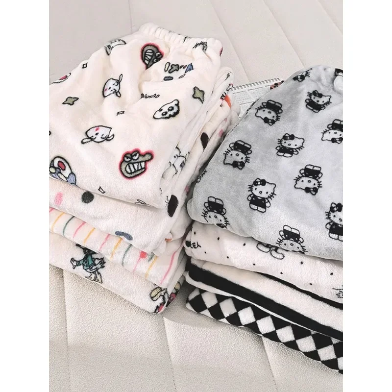 Soft Hello Kitty Kawaii Plush Pajamas Pants Fashion Women Autumn Winter Thickened Coral Velvet Plus Size Flannel Home Trousers