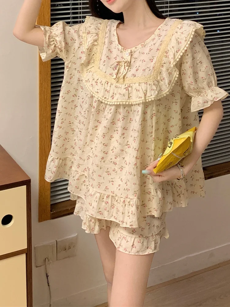 Sweet Print Flowers Lace Princess Real images Summer Short Sleeve Pajama Set Women Loose 100%Cotton Soft Elegant Sleepwear Ins