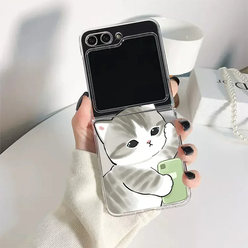 Funny Cartoon Cat Phone Case for Samsung Galaxy Z Flip 5 ZFlip 6 5G Transaprent Clear Cover for Samsung ZFlip 7 4 ZFlip 3 Fundas