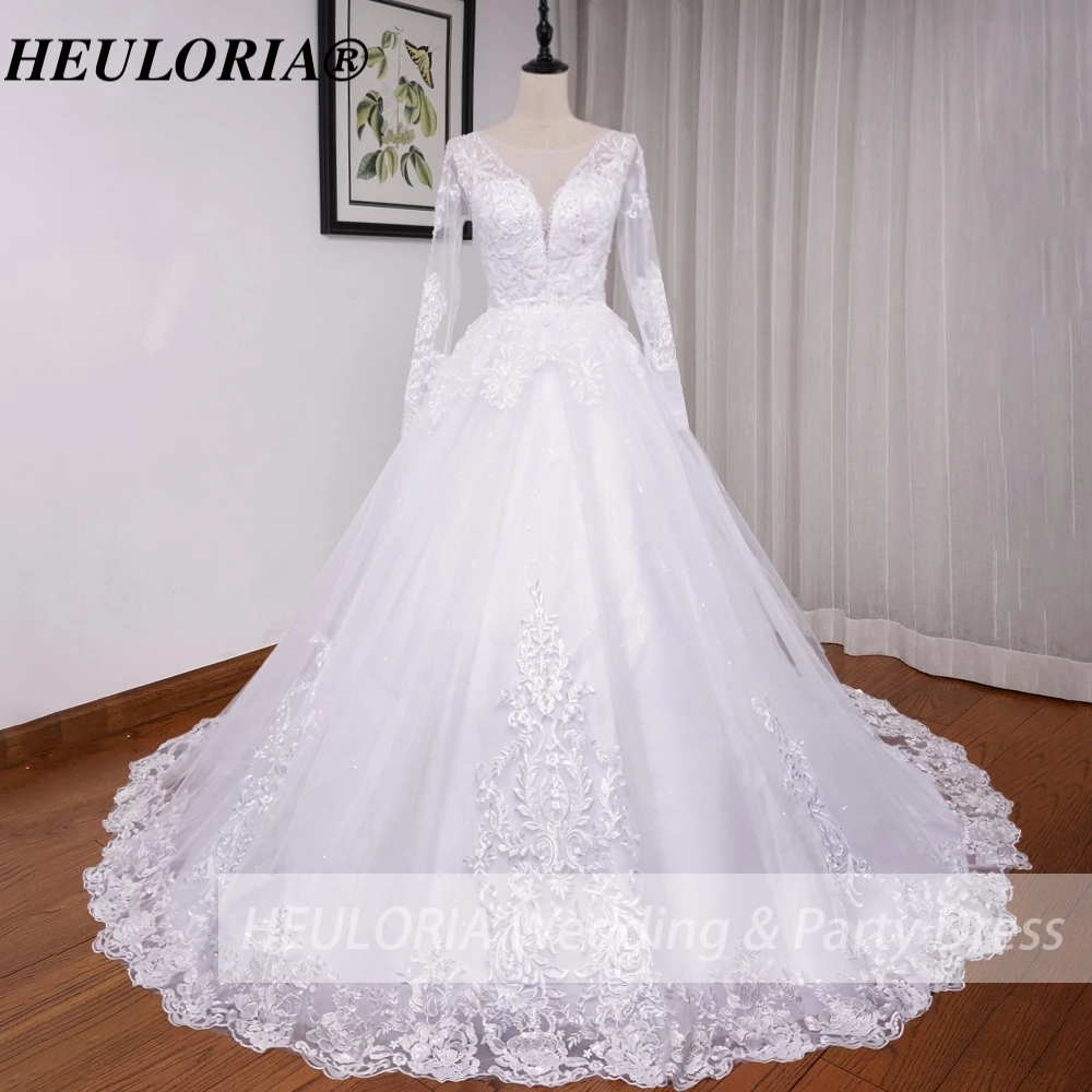 HEUIA LORIA-Vestido De Noiva Da Princesa, Vestido De Noiva De Manga Longa, Vestido De Noiva Decote V, Beading De Renda, Plus Size