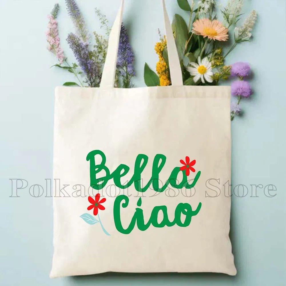 Floral Bella Ciao Italienische brünette Frau Mädchen Messy Bun Flagge Italien Italien Niedlicher Shopper Harajuku Canvas Einkaufstasche Einkaufshandtasche