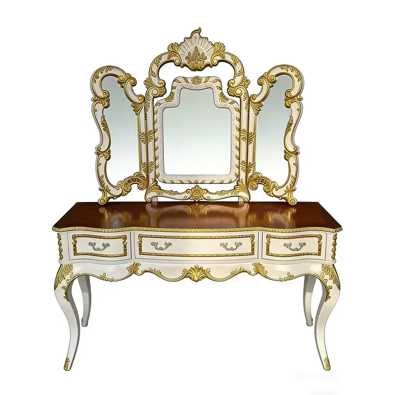 French Gilded Carved Tri-Fold Mirror Dressing Table