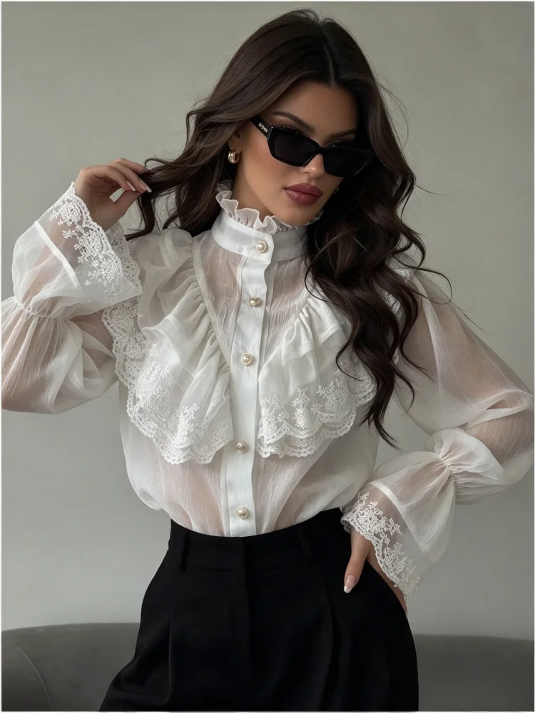 New Women Ruffled Stand Collar Lace Blouse, Sheer Chiffon Flare Long Sleeve Shirt, Vintage Victorian Ruffle Trim Elegant Top
