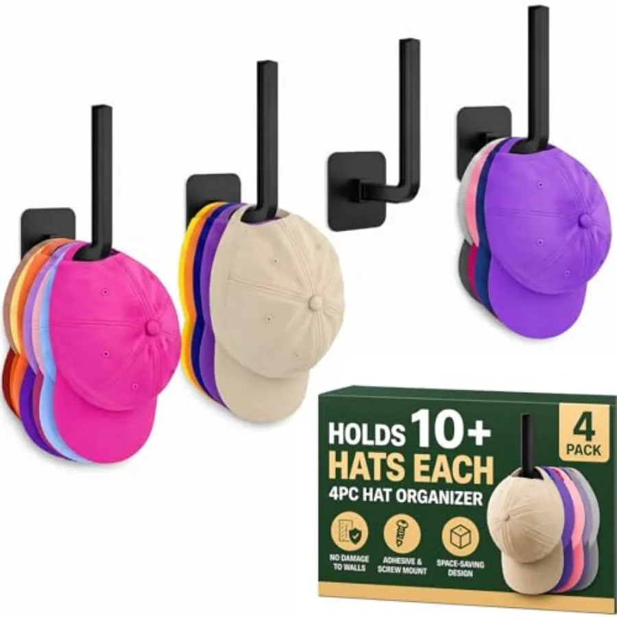 Hat Organizer 4 Pack, Hat Rack for Baseball Caps Holds 10+ Caps Each, Hat Hooks for Wall, Strong Adhesive and Screw Mount Hat H