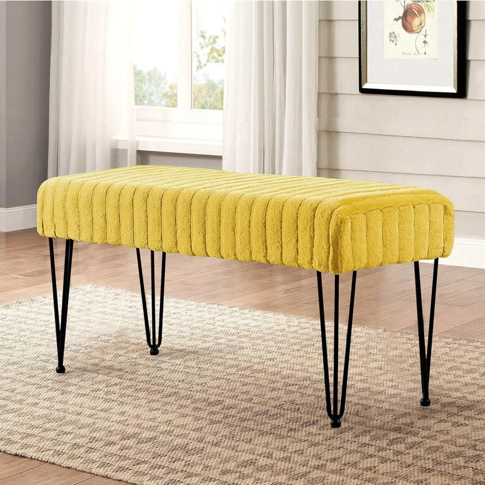 Banco otomano amarillo de piel sintética de súper visón, 46 "x 16" x 22 "alto, curry de limón, taburete reposapiés para sala de estar, extremo del banco de maquillaje para entrada