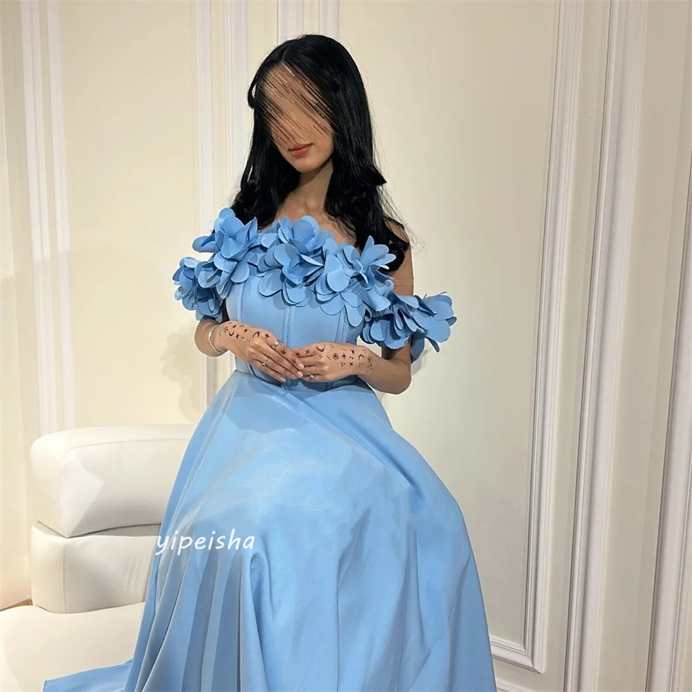 Satin Flower Draped Cocktail Party A-line Off-the-shoulder Bespoke Occasion Gown Long Sleeve Dresses