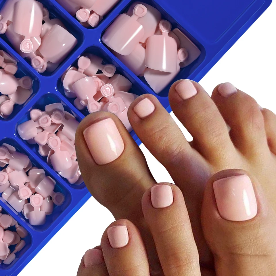 100/120 Uñas Postizas para Pies Francesas Cortas Cuadradas, Cobertura Completa, Acrílicas Rosadas Claras y Blancas, Prensadas para Mujer 2