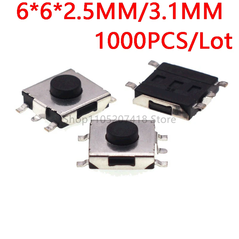 1000PCS/Lot 6x6x3.1mm 6x6x2.5mm Tact Push Button Switch Micro Switch Flat Red SMD 5pin 6.2*6.2mm black