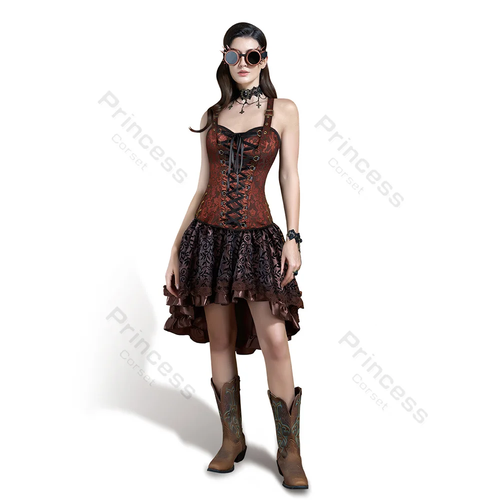 Steampunk Corset Dress Plus Size Burlesque Costume Corset with Straps Adjustable with High Low Skirt Pirate Corset Dresses Brown